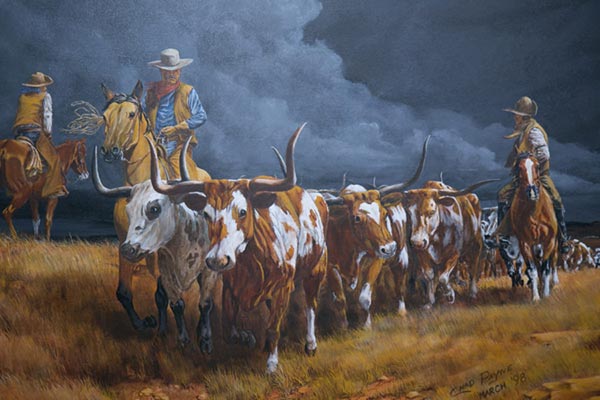 painting of cowboys leading a herd of cattle on a stormy day