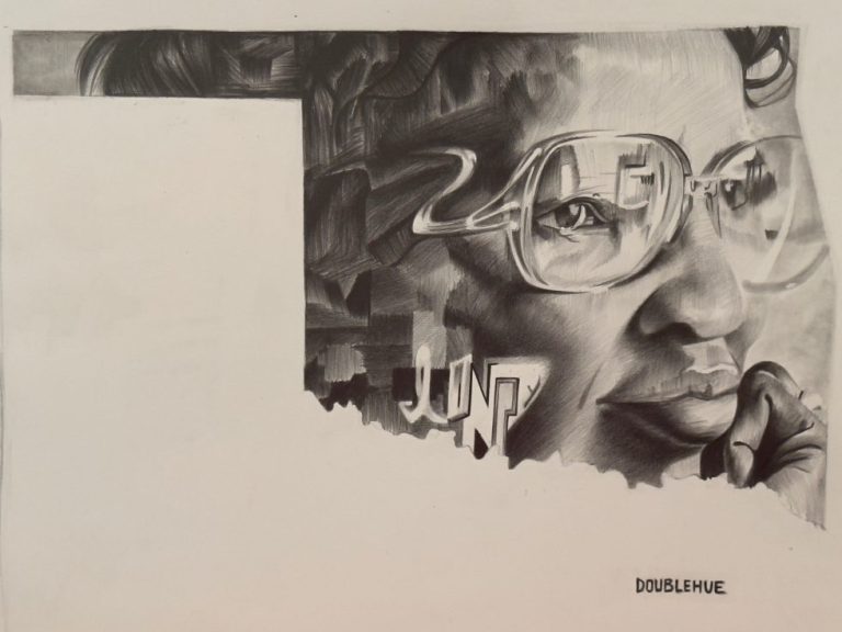 A wistful looking woman drawn using charcoal in the shape of the state of Oklahoma