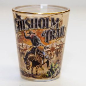 Gold rimmed chisholm trail shot glass