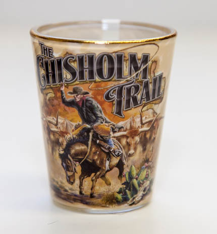 Gold rimmed chisholm trail shot glass